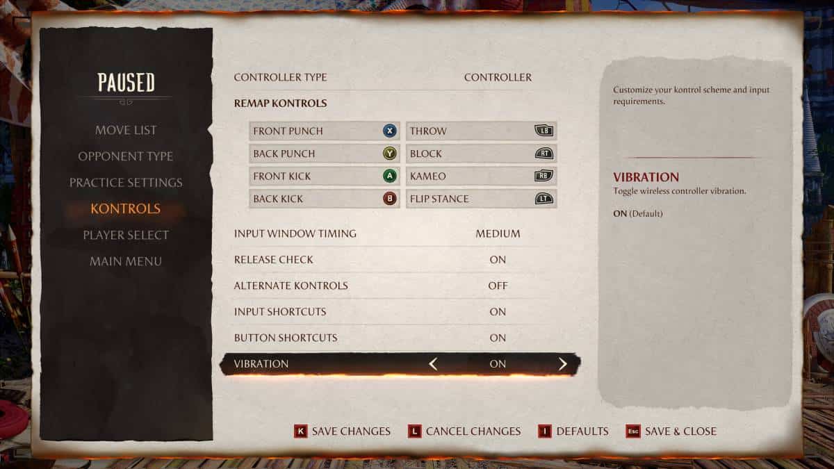 A screenshot of the controller settings menu in Mortal Kombat 1.