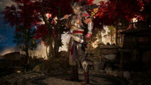 A man wielding a sword confronts a tree.