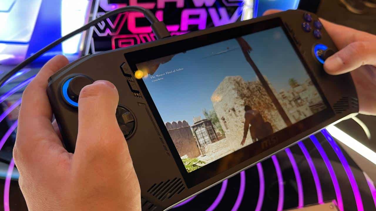 A person is playing a video game on a MSI Claw A1M.
