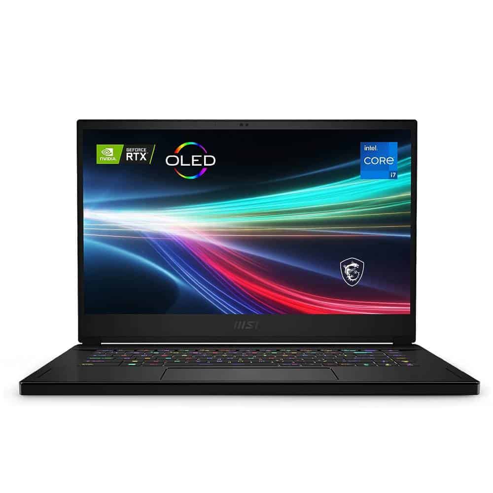 A MSI Creator 15 laptop with a black screen and vivid background.