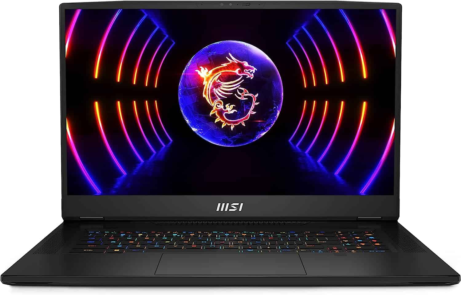 A black MSI Titan GT77 laptop with a dragon on it.