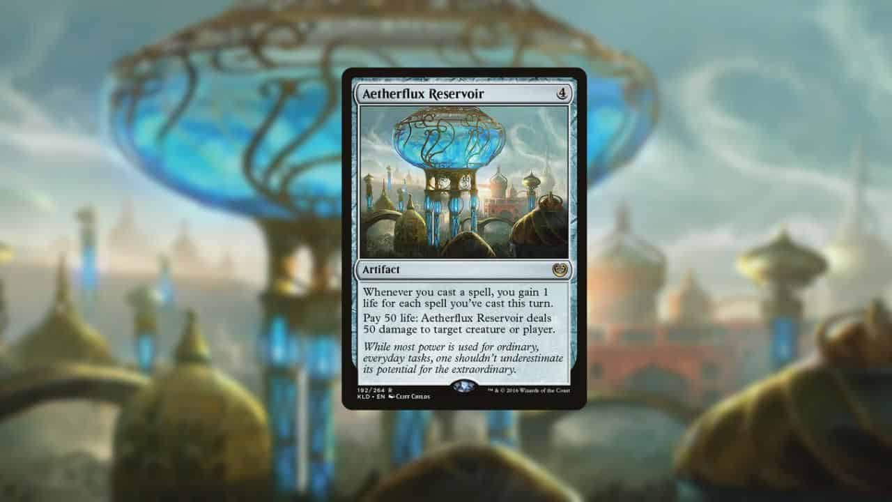 An image of a magic card featuring the best artifacts with a magnificent cityscape in the background.