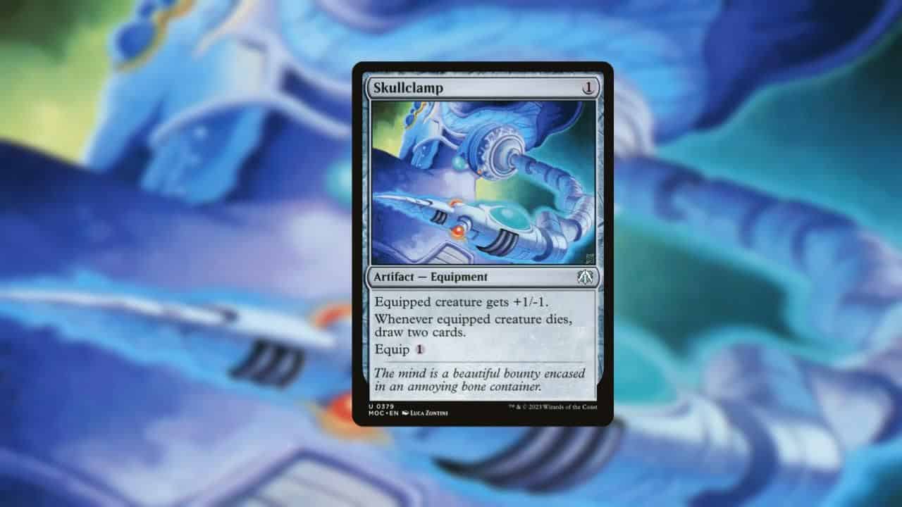An image of a magic card with a blue background showcasing the best artifacts.