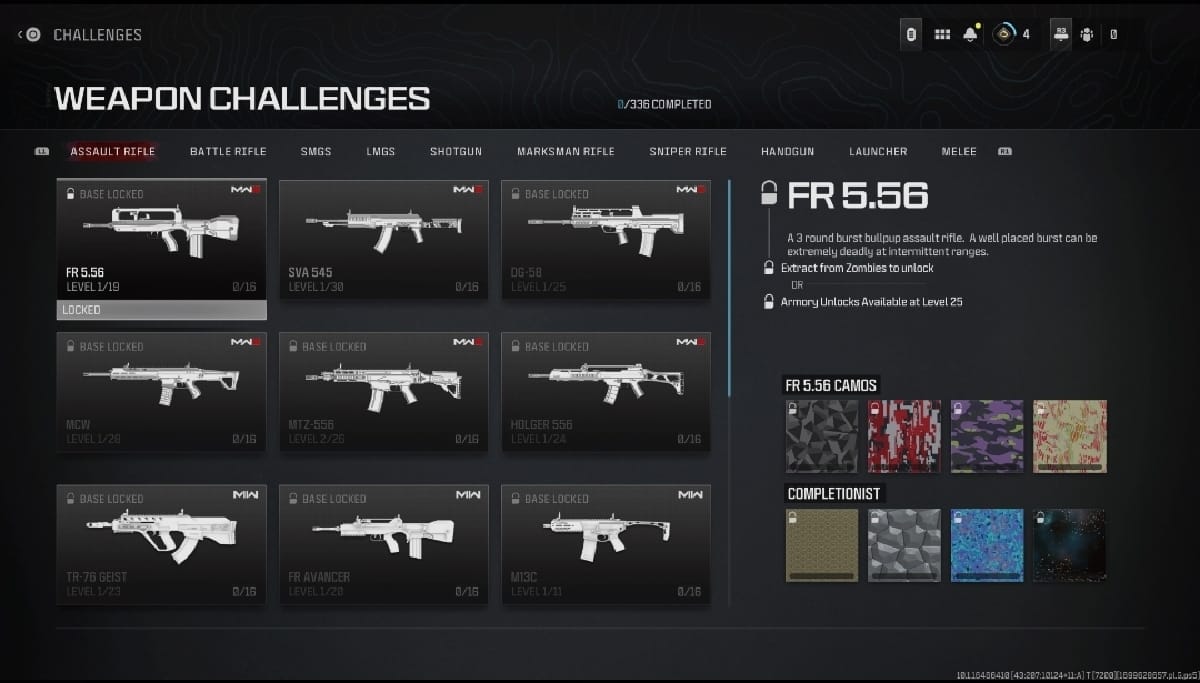 A screen shot of the FR Avancer loadout on the weapon challenges page in MW3.