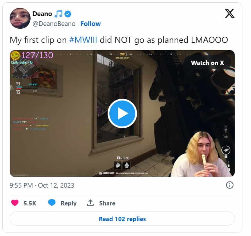 Deano tweeting his incredible MW3 gameplay on the Flute