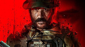 Captain Price brandishing a gun against a striking red backdrop in the video game MW3