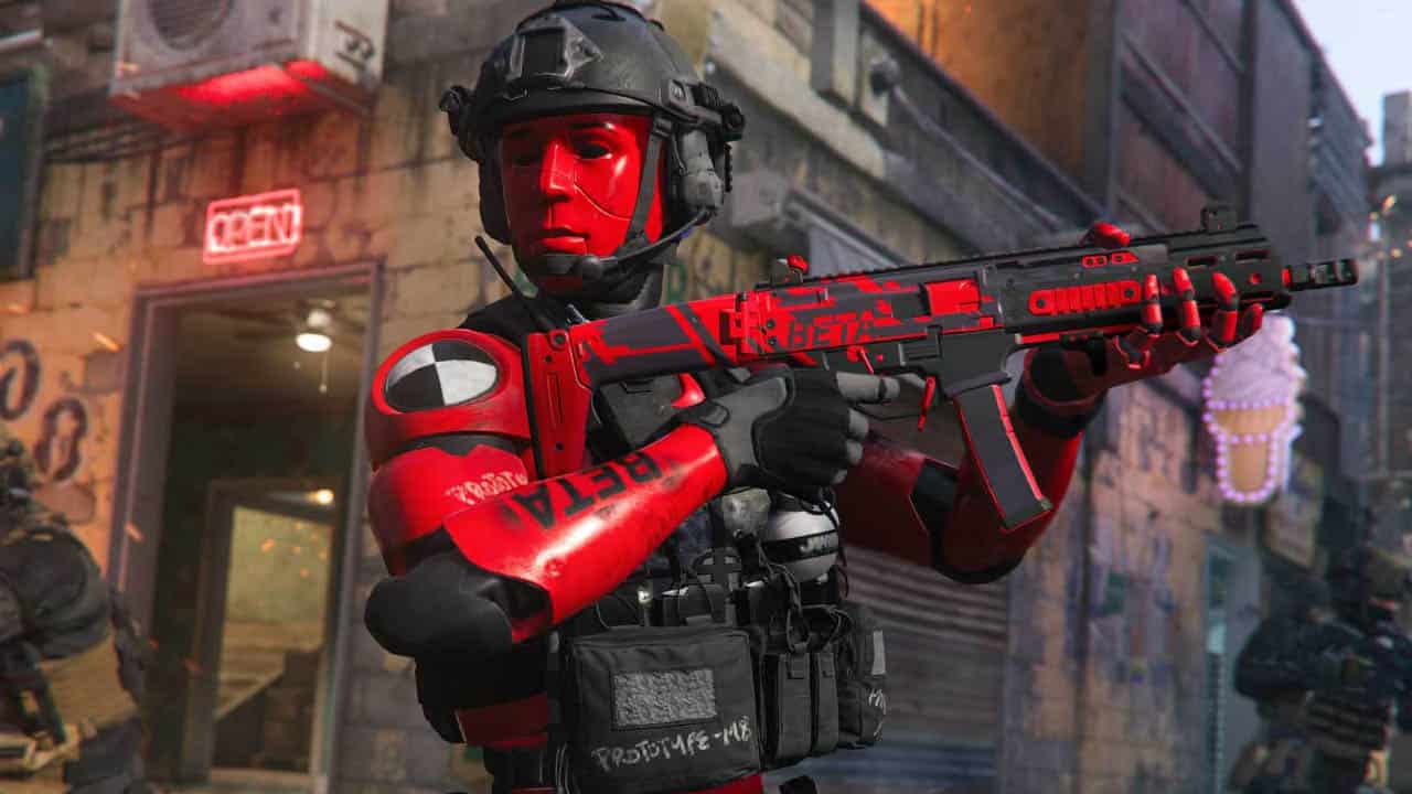 A man holding a gun in a city, showcasing his MW3 beta reward skin.
