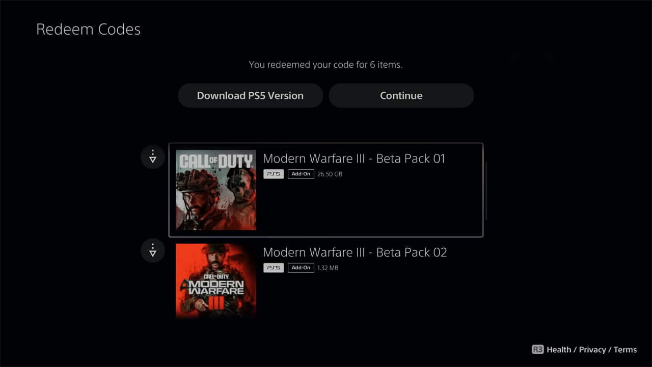 The download size for the MW3 beta on a PlayStation 5.