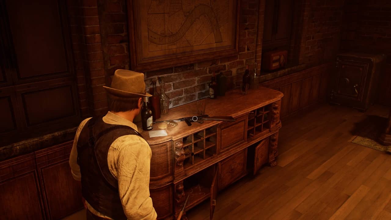 Man in a hat examines how to get the machine gun in "Alone in the Dark" on a wooden desk in a dimly lit vintage room.