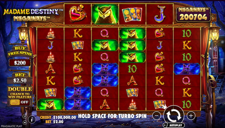 It's a screenshot of Madame Destiny Megaways pokies' reels, one of the top games from Pragmatic Play. 