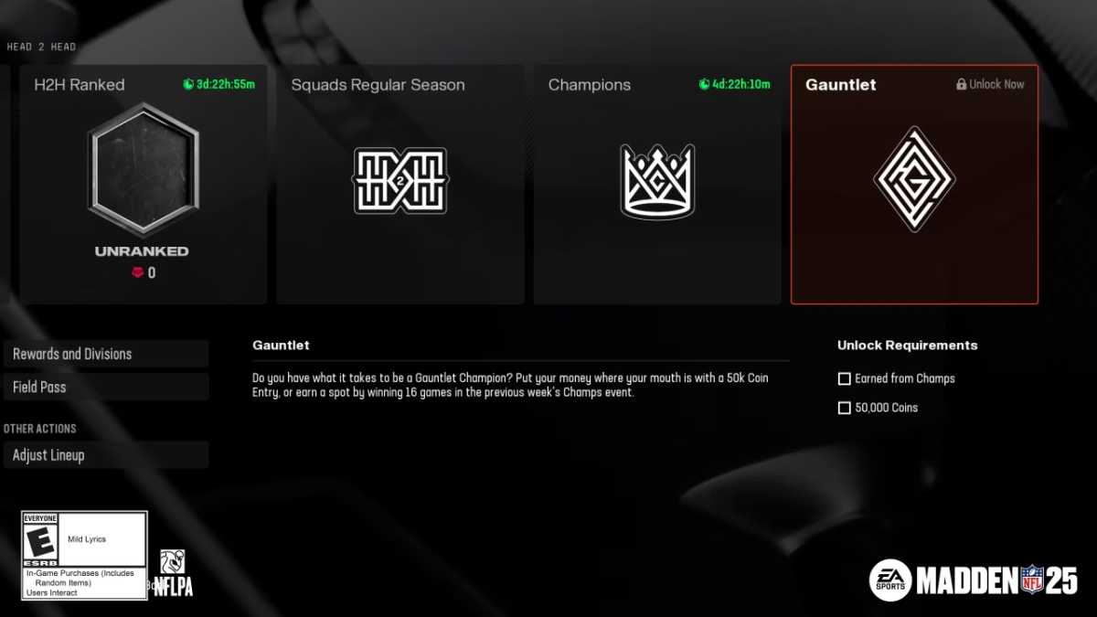 Madden 25 game modes: Weekend Gauntlet screen.
