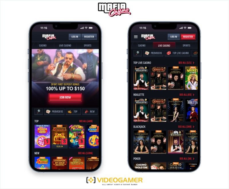 Two parallel shots of Mafia Casino as seen on mobile - a top pick for fast withdrawals.