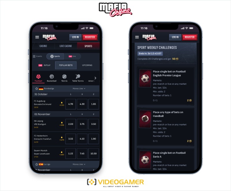 The mobile view of the Mafia Casino sports betting offering in Australia