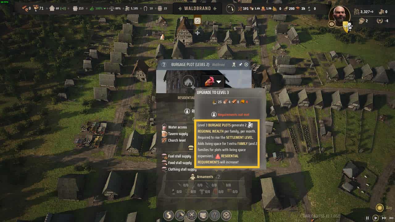 Manor Lords how to get Regional Wealth: aerial view of village with overlay detailing Regional Wealth income.