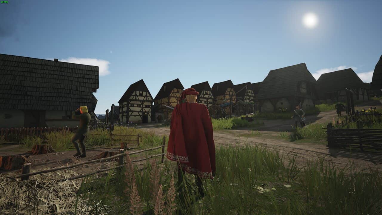 Manor Lords how to get Regional Wealth: feudal lord in a red robe surverying a small village with the sun high in the blue sky in the background.