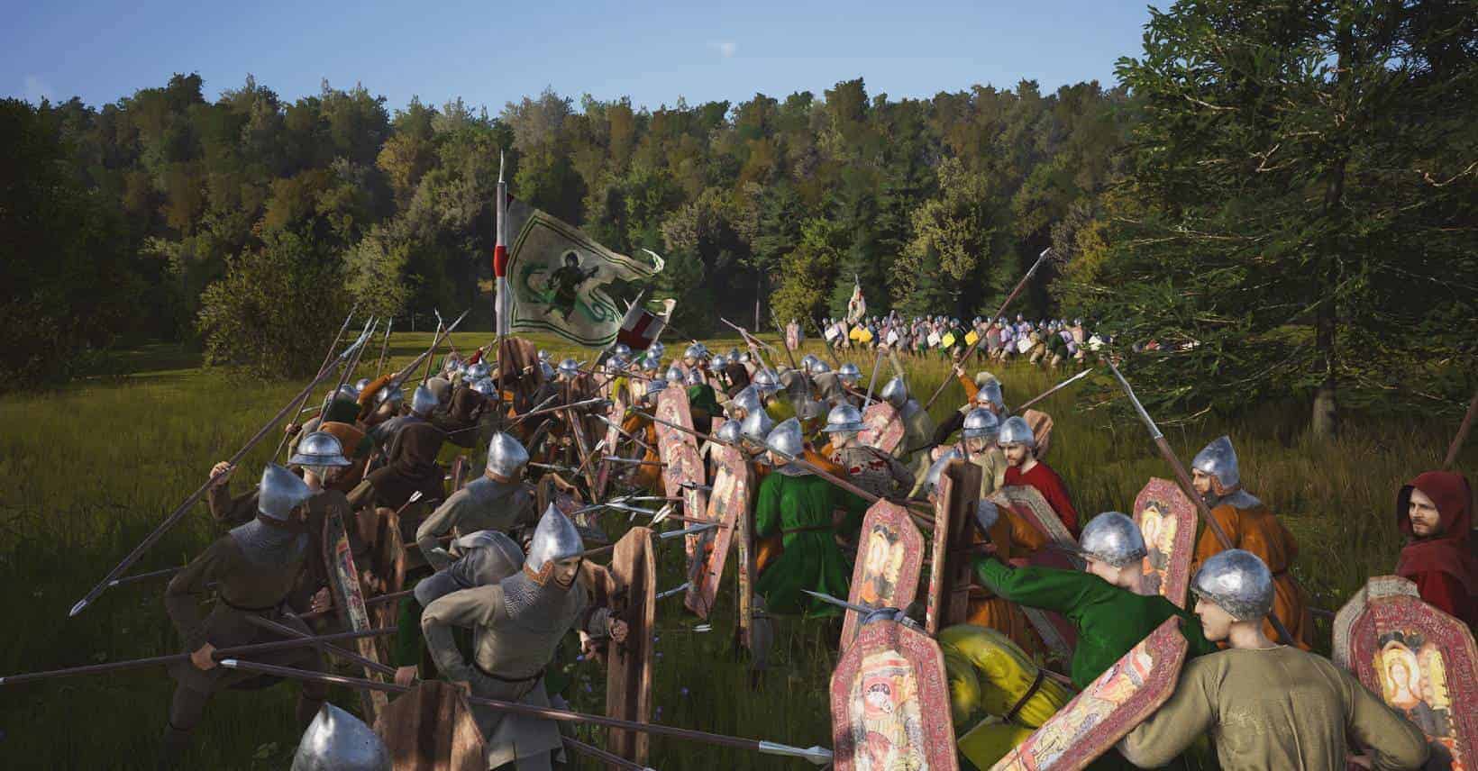 Medieval Manor Lords battle reenactment with participants in armor and period costumes holding lances and shields in an outdoor setting.