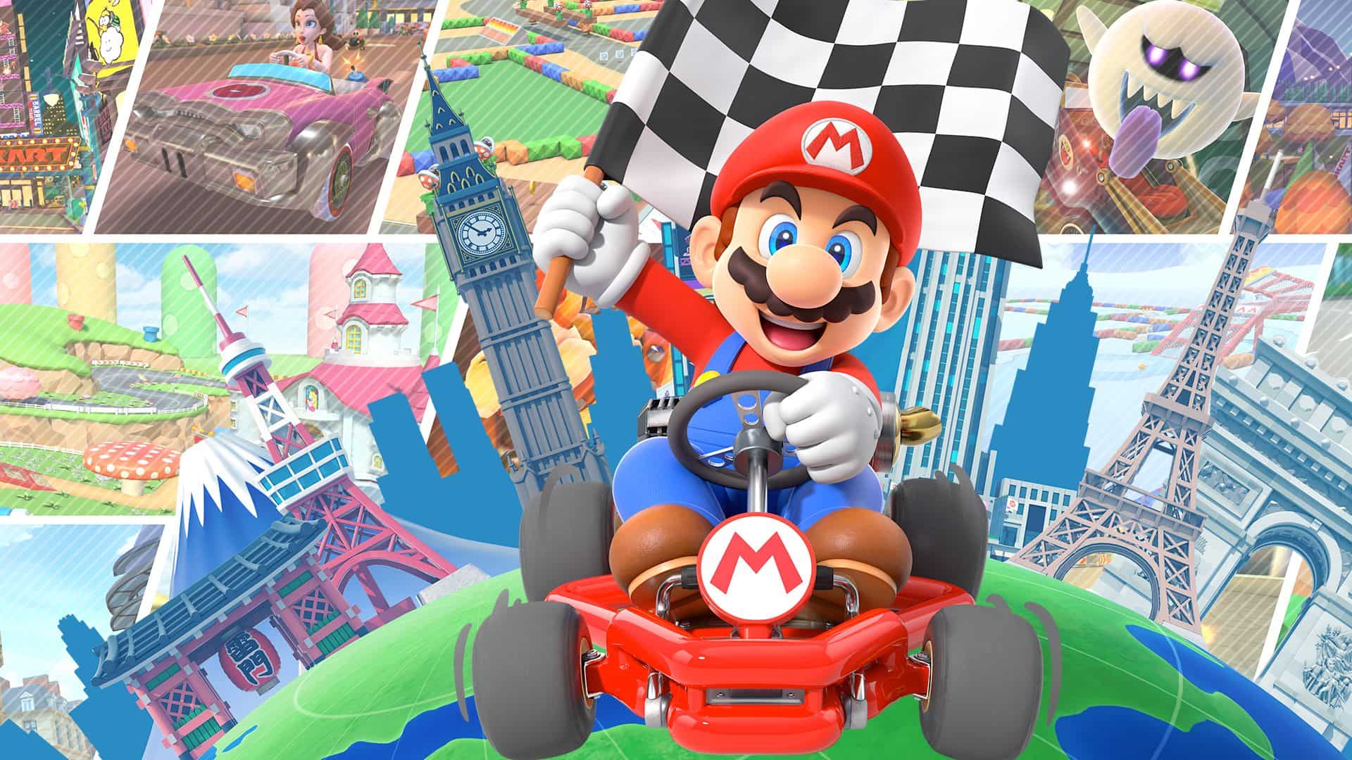 Mario waves a checkered flag over global tracks in Mario Kart Tour