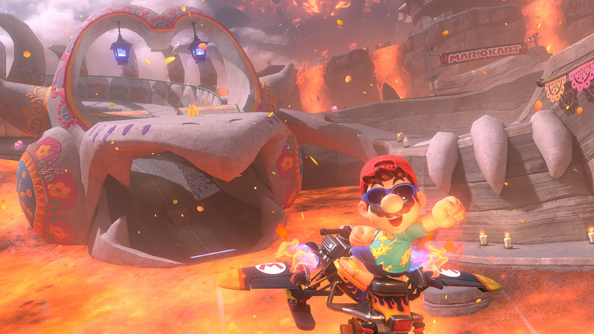 Mario poses on a fiery track in Mario Kart World