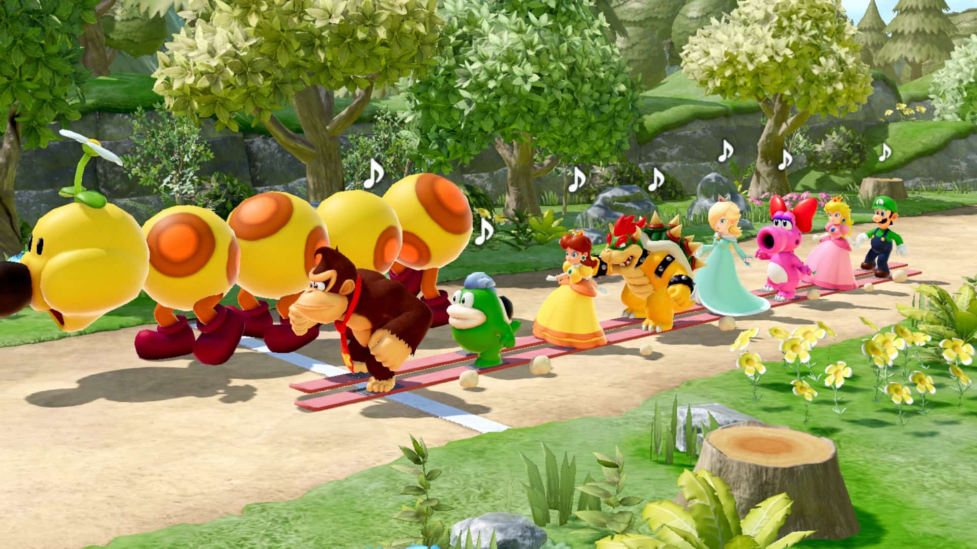 Mario Party characters in a forest minigame
