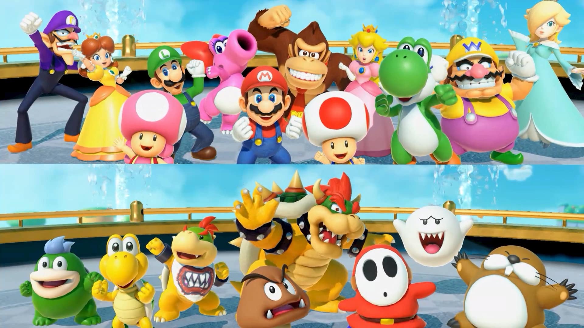 Mario Party characters posing together, heroes and villains side by side