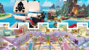 Split image showing LEGO Party pirate island board and Mario Party shopping mall board