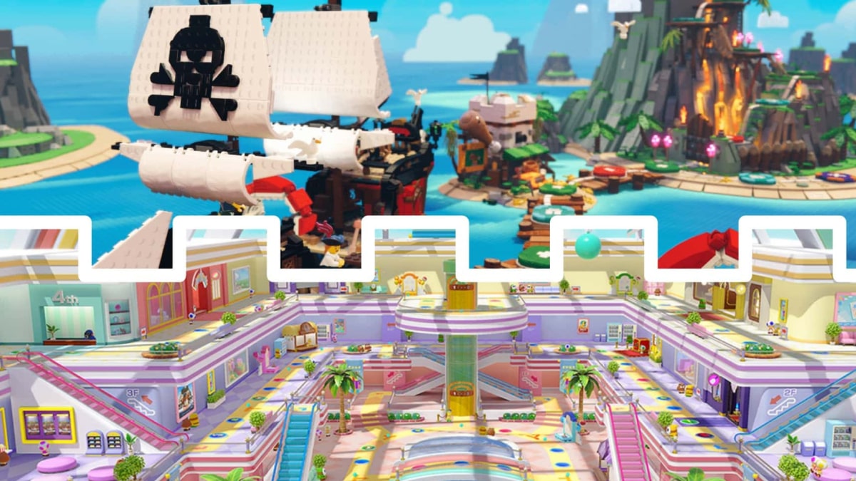 Split image showing LEGO Party pirate island board and Mario Party shopping mall board