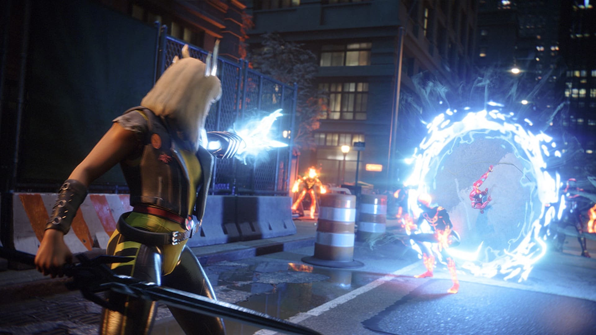 A dynamic street battle scene at night. A character with white hair and glowing hands faces another in a portal, surrounded by magical energy in Marvel: Midnight Suns