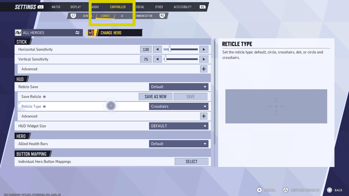Marvel Rivals Crosshair menu