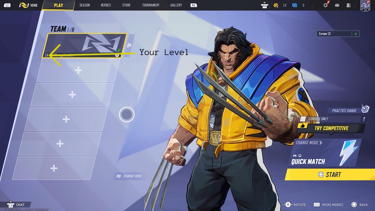 Marvel Rivals XP: Homepage showing Wolverine and level