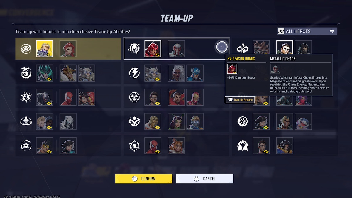 Marvel Rivals: in-game team-up menu