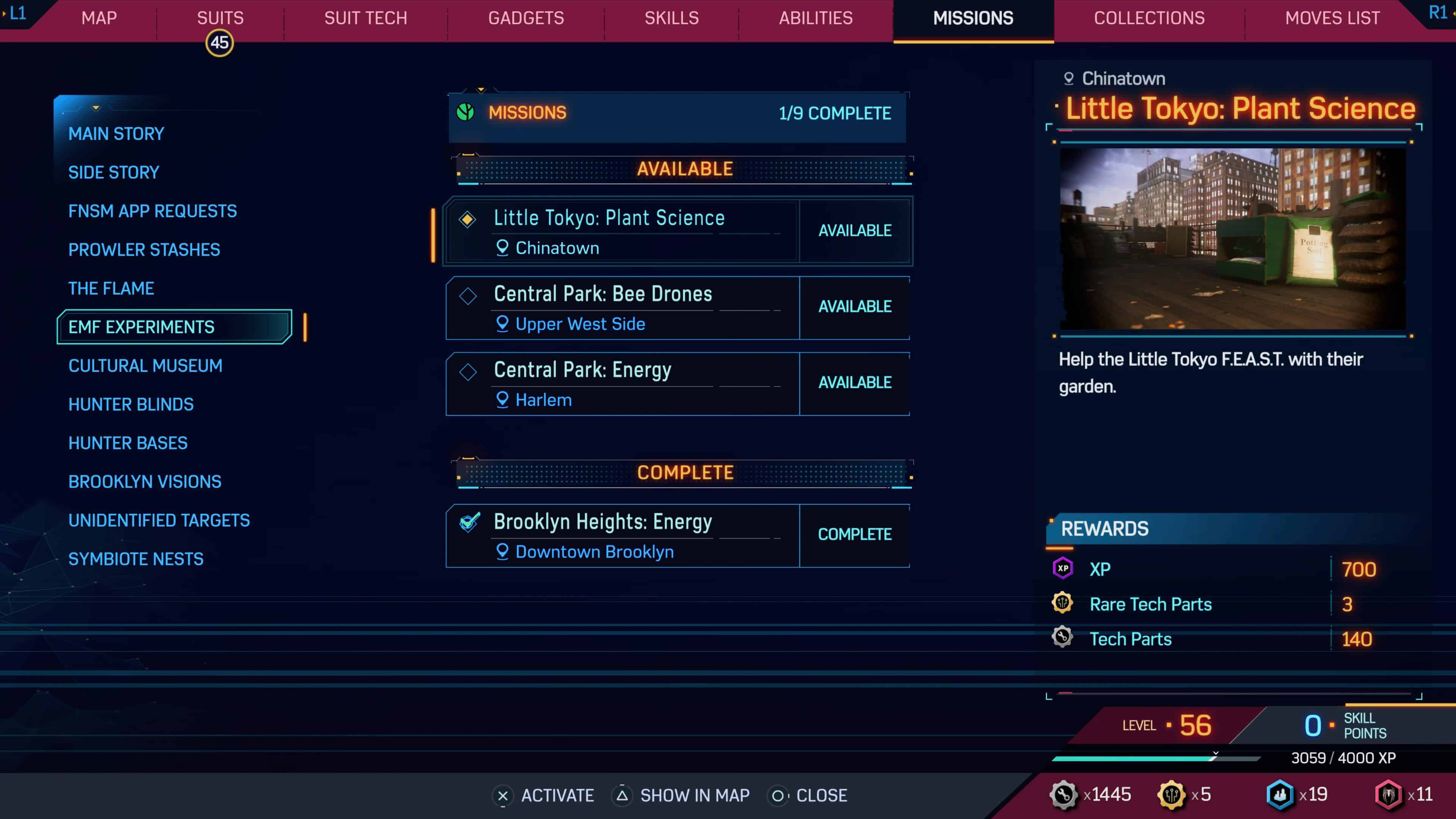 spider-man 2 screen shows tech parts rewarded from a quest.