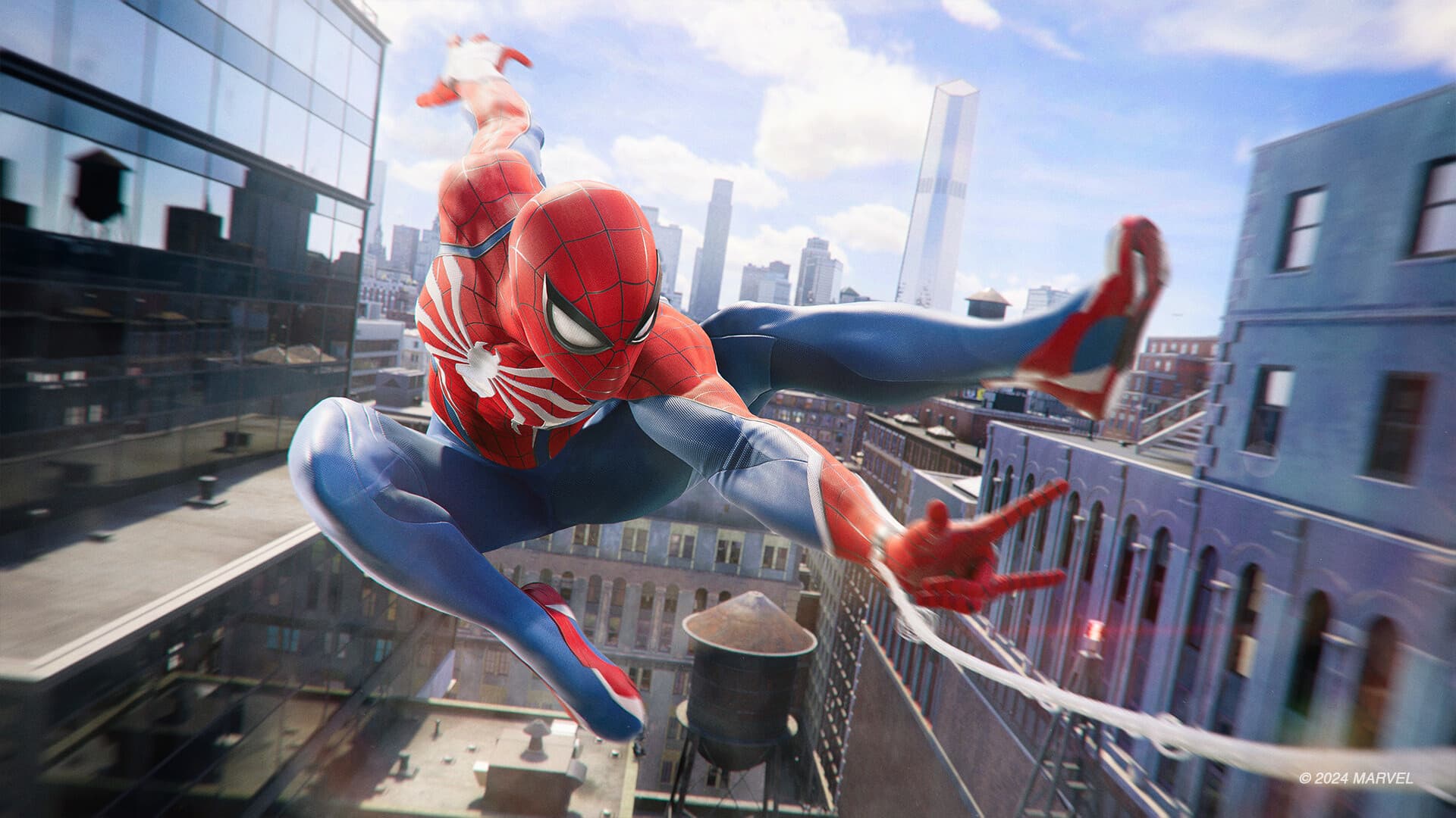 Spider-Man swinging through New York City in Marvel’s Spider-Man 2 gameplay