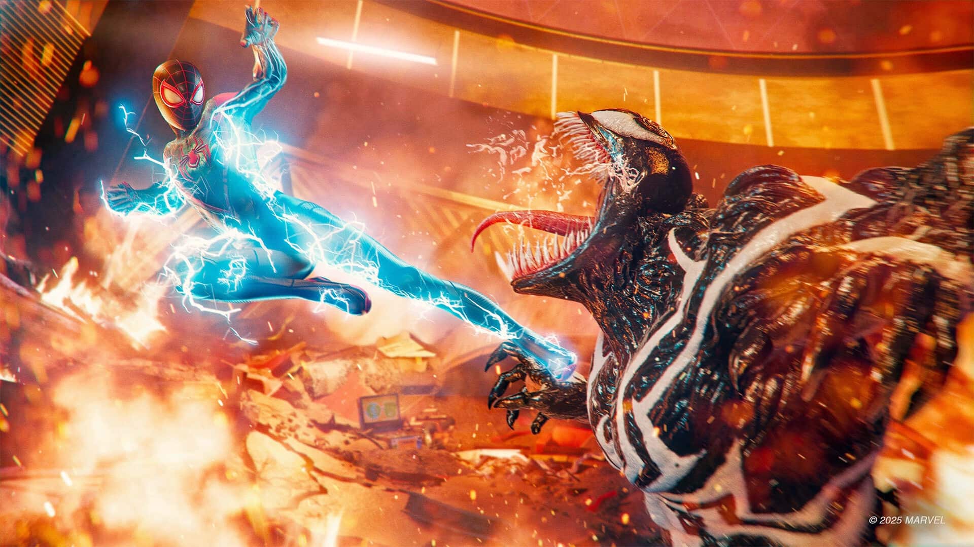 Miles Morales fighting Venom in Marvel’s Spider-Man 2 on PS5