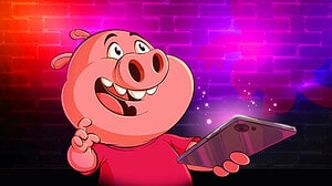 Match Masters free gifts: little pig in red shirt holding a tablet.