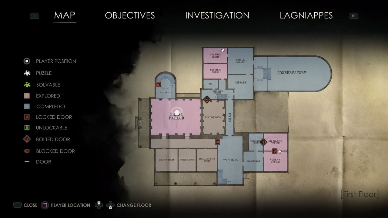 Video game map interface showing player position, various rooms, Alone in the Dark Cassandra’s Room, and points of interest including lock puzzle solutions.