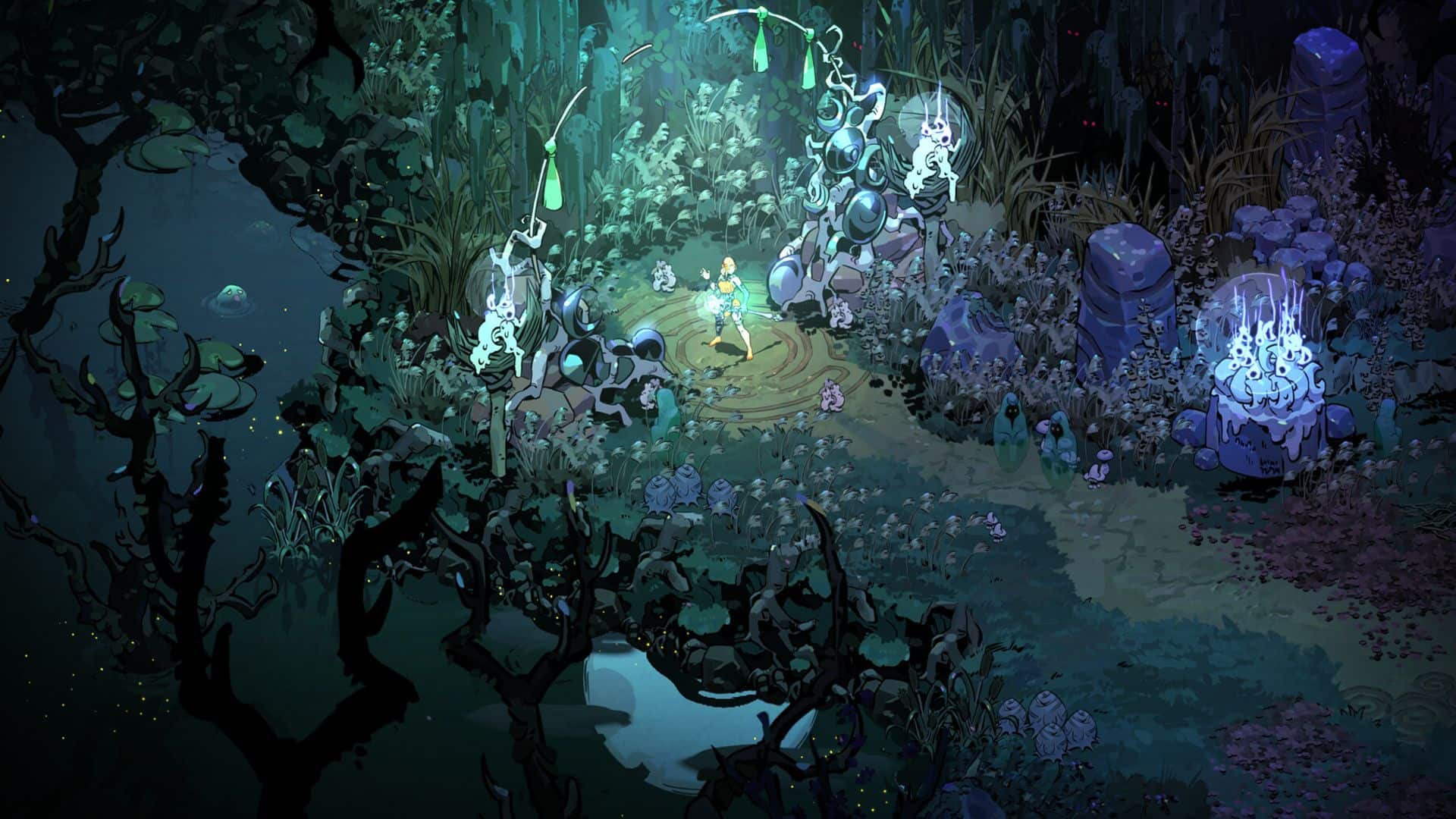 Hades 2 Melinoë standing in a glowing forest clearing surrounded by magical structures