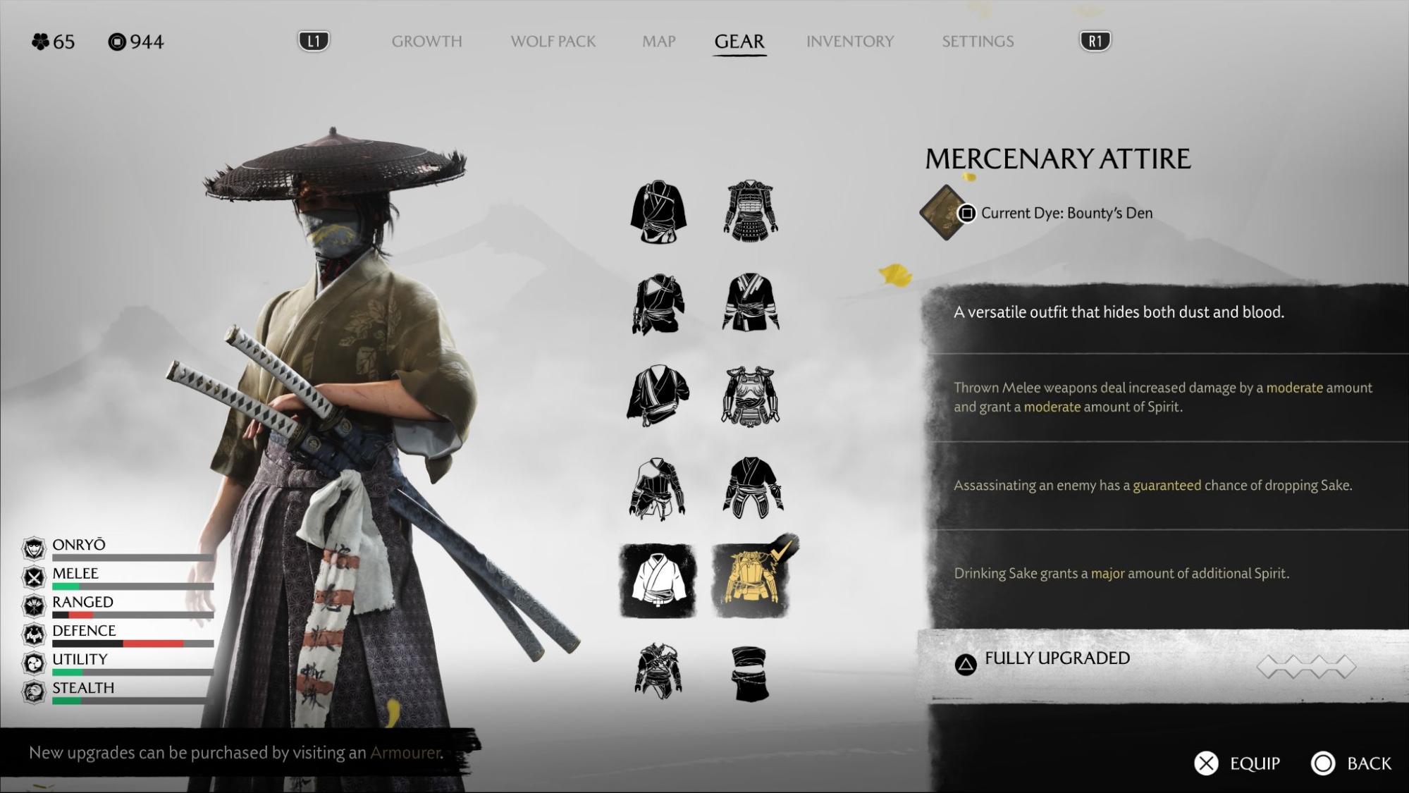 Player showcasing the fully upgraded Mercenary Attire armor set in Ghost of Yotei