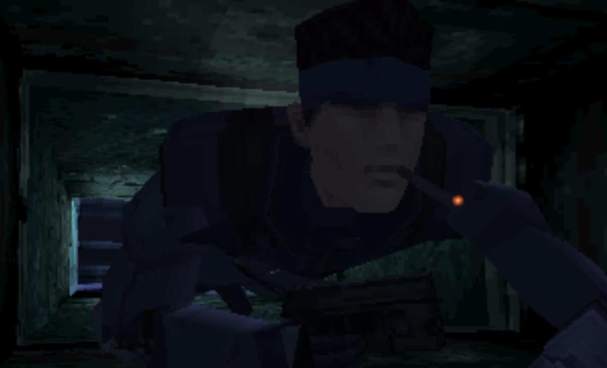 A screenshot of Solid Snake smoking a cigarette. Captured from Metal Gear Solid Master Collection Vol. 1.