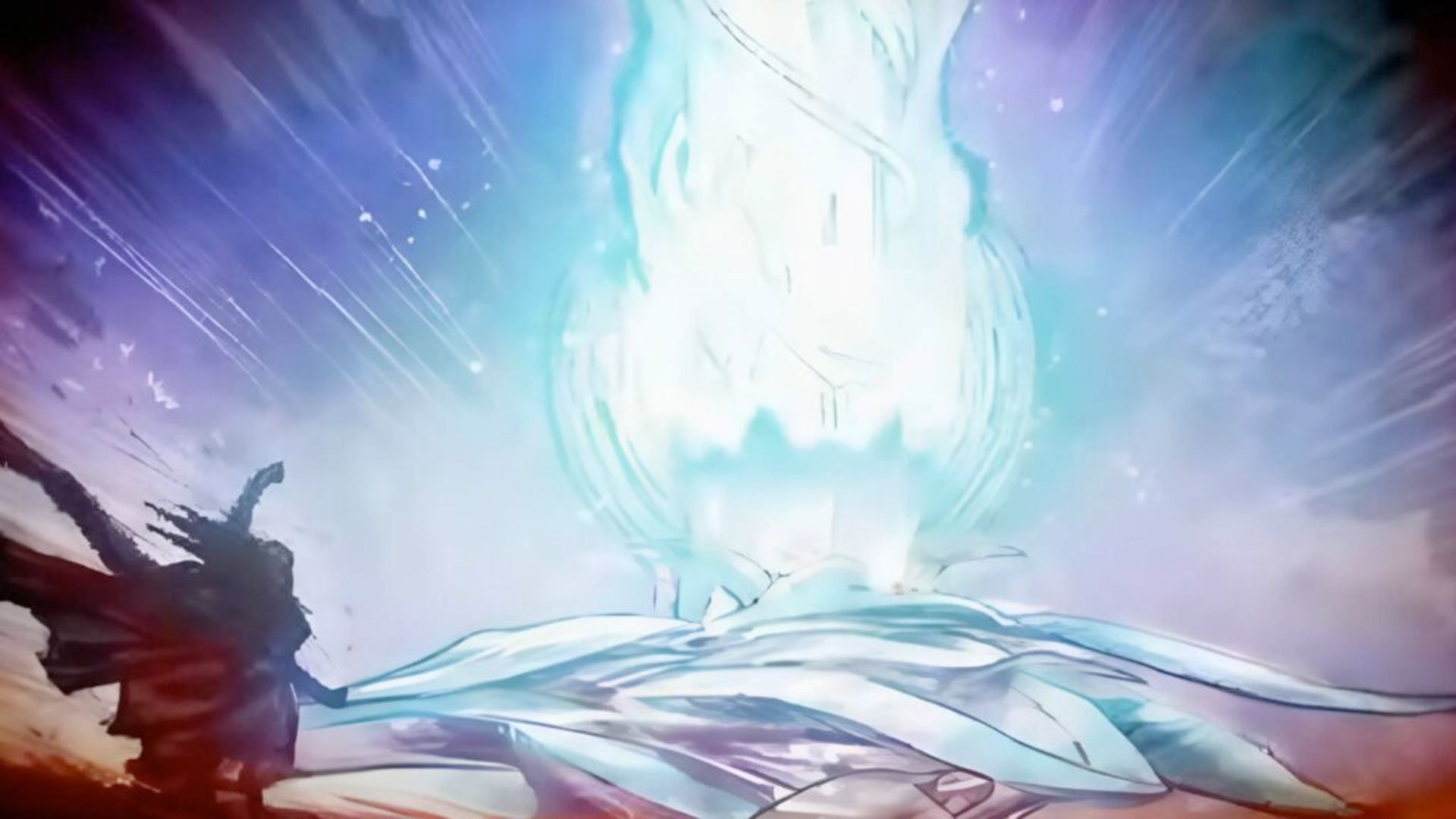 A lone figure stands before a massive glowing light pillar in the sky during the ending sequence of Metaphor ReFantazio.