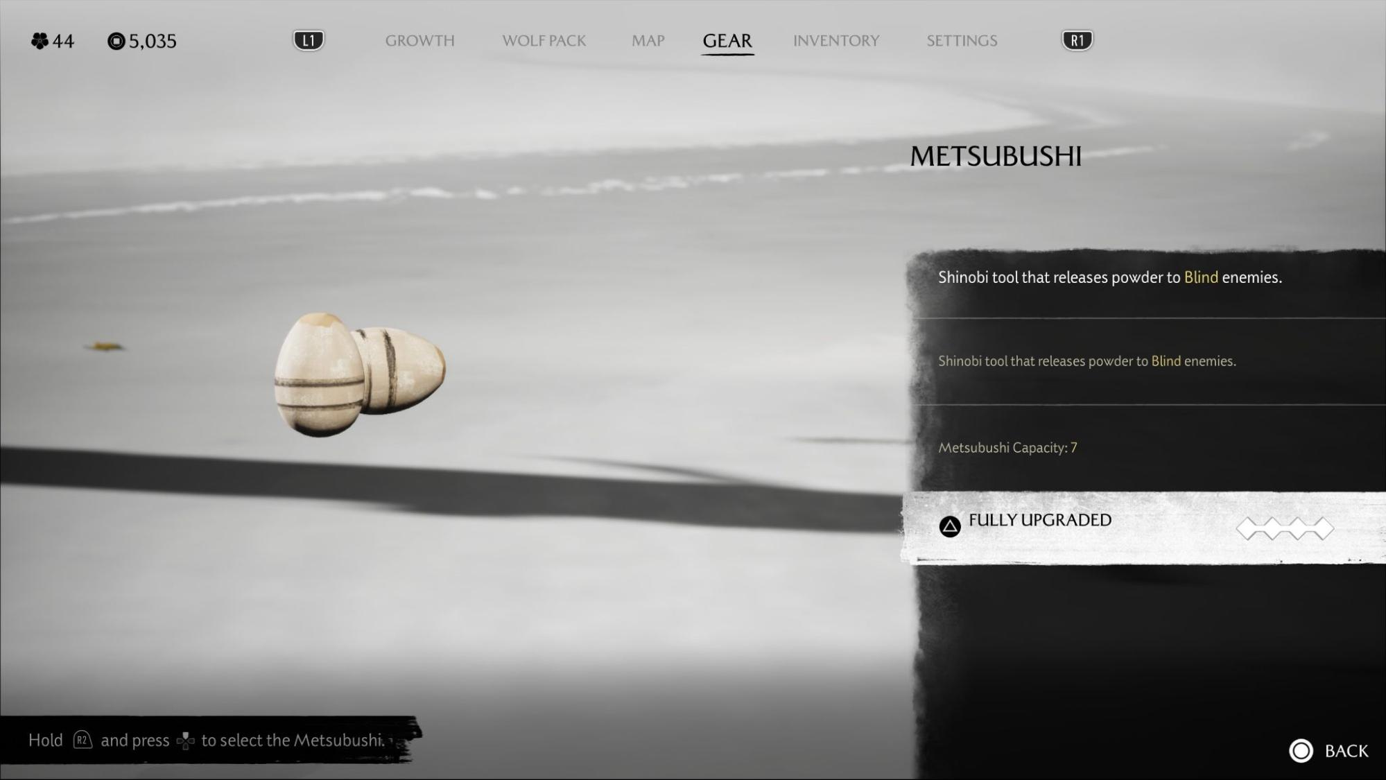 Metsubushi upgrade screen in Ghost of Yotei showing blind powder capacity