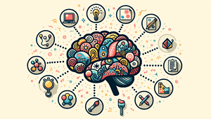 An illustration of a brain surrounded by different icons, incorporating midjourney prompts for art.