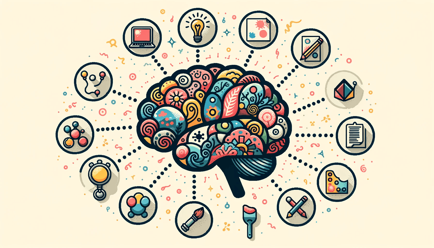An illustration of a brain surrounded by different icons, incorporating midjourney prompts for art.