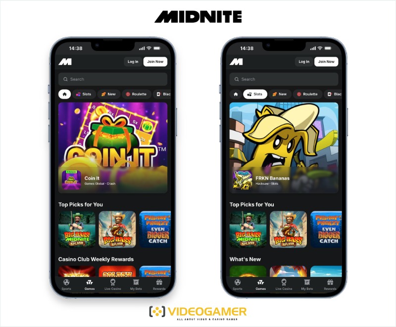 Images of the Midnite online casino app for minimum £5 deposits