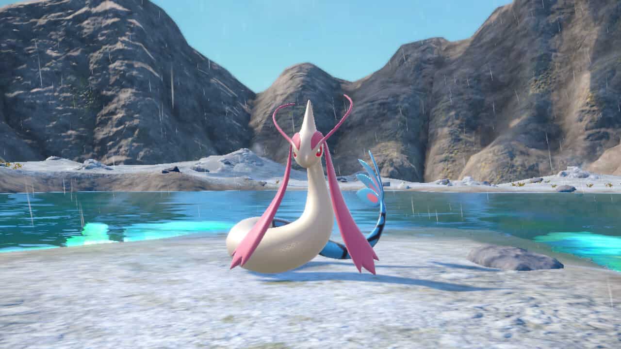 A white and pink pokemon standing in the water, How to get Feebas in Teal Mask.