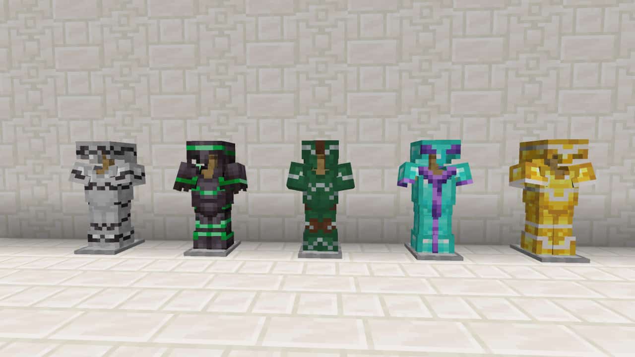 Minecraft armor trim: A selection of trimmed armor sets on armor stands.