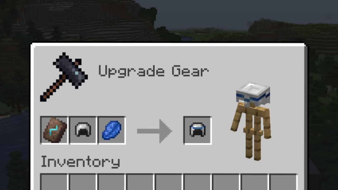 Minecraft armor trims: An image of a smithing table, with the needed materials and items in place to add a blue armor trim to an iron helmet.