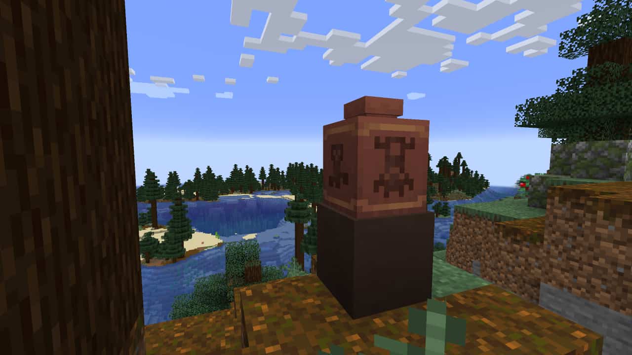 Minecraft archeology: A decorative pot on display, surrounded by a lush Taiga spruce forest.