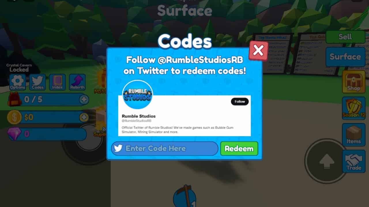 Mining Simulator 2 codes: Code redemption screen