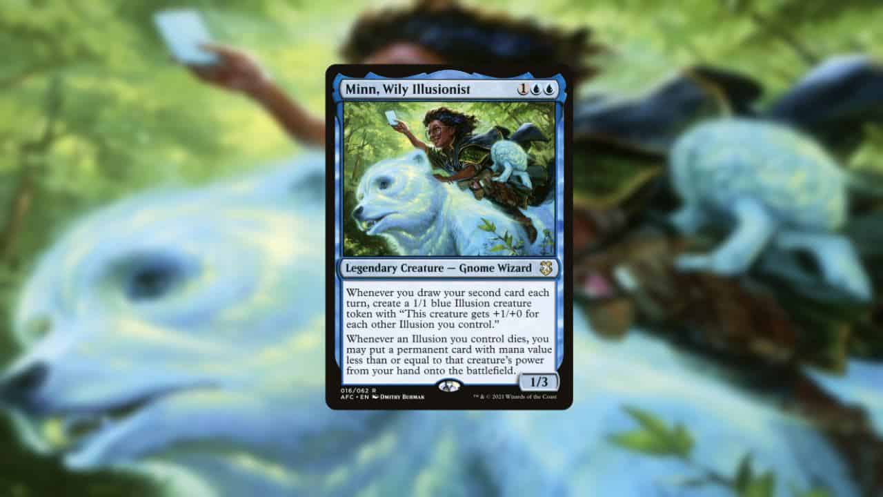 An image of a card with a white wolf on it and minn the wily illusionist