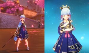 Ayaka stands on a bridge and poses in the menu in Genshin Impact